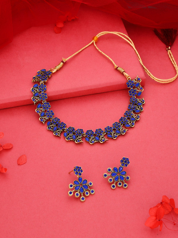 Tehzeeb Creations Luxurious Gold Polished Blue Colour Diamond Choker Necklace Set With Matching Earrings | Grocsy