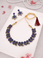 Tehzeeb Creations Luxurious Gold Polished Blue Colour Diamond Choker Necklace Set With Matching Earrings | Grocsy