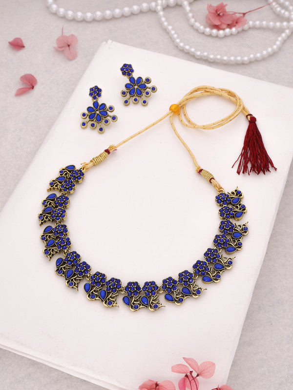 Tehzeeb Creations Luxurious Gold Polished Blue Colour Diamond Choker Necklace Set With Matching Earrings | Grocsy
