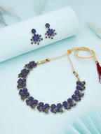 Tehzeeb Creations Luxurious Gold Polished Blue Colour Diamond Choker Necklace Set With Matching Earrings | Grocsy