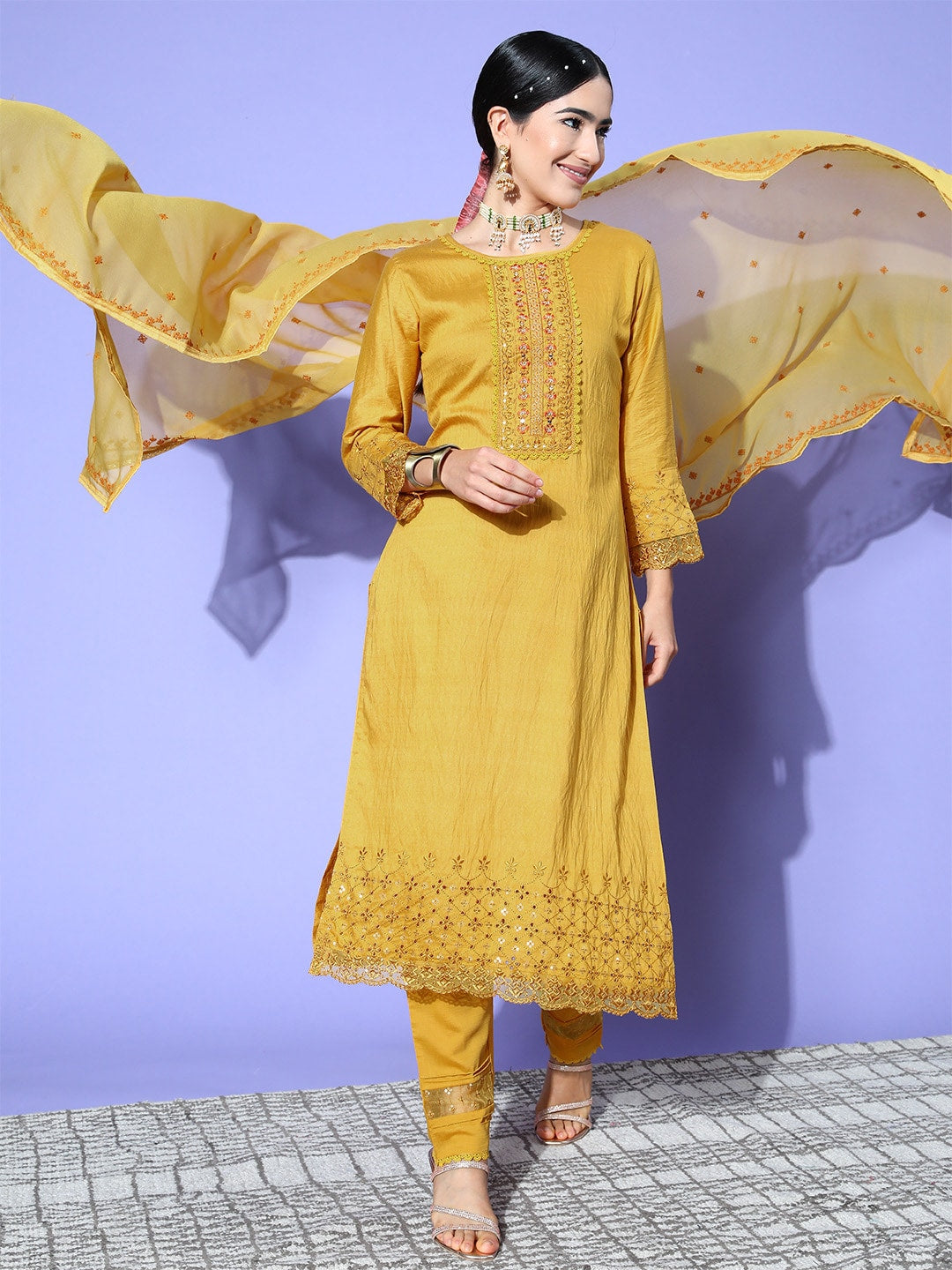 Sangria Floral Embroidered Regular Sequinned Kurta with Trousers & With Dupatta | Grocsy
