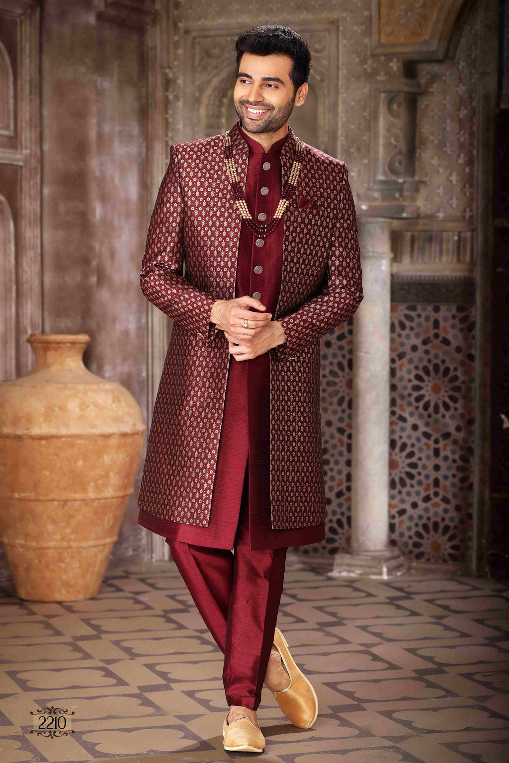 Raivat Ethnic Banarasi Jacquard and Art Silk Embroidery Work 3 Pcs Indo Jacket Set In Wine Colour | Grocsy