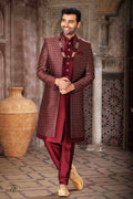Raivat Ethnic Banarasi Jacquard and Art Silk Embroidery Work 3 Pcs Indo Jacket Set In Wine Colour | Grocsy