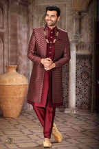 Raivat Ethnic Banarasi Jacquard and Art Silk Embroidery Work 3 Pcs Indo Jacket Set In Wine Colour | Grocsy