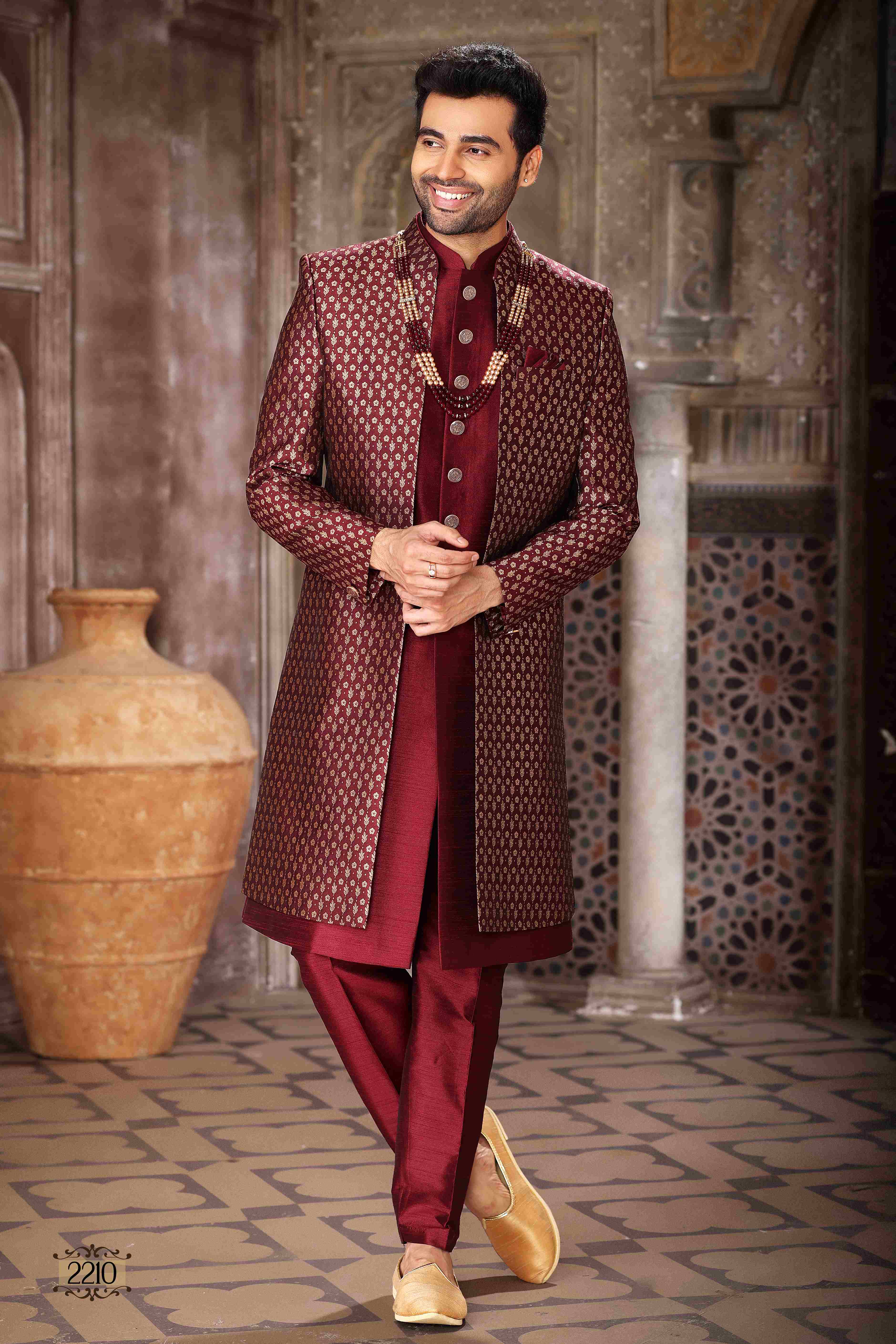 Raivat Ethnic Banarasi Jacquard and Art Silk Embroidery Work 3 Pcs Indo Jacket Set In Wine Colour | Grocsy