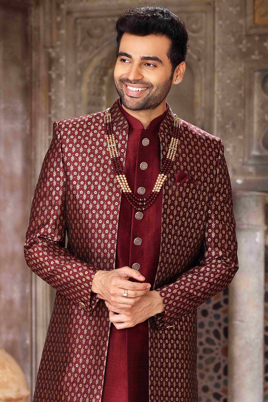 Raivat Ethnic Banarasi Jacquard and Art Silk Embroidery Work 3 Pcs Indo Jacket Set In Wine Colour | Grocsy