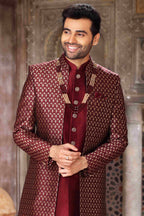 Raivat Ethnic Banarasi Jacquard and Art Silk Embroidery Work 3 Pcs Indo Jacket Set In Wine Colour | Grocsy