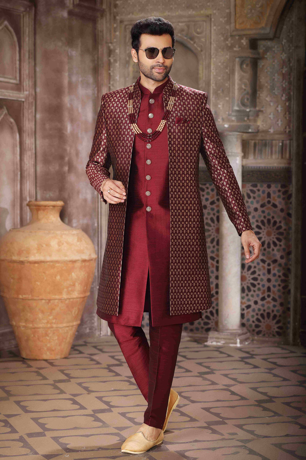 Raivat Ethnic Banarasi Jacquard and Art Silk Embroidery Work 3 Pcs Indo Jacket Set In Wine Colour | Grocsy