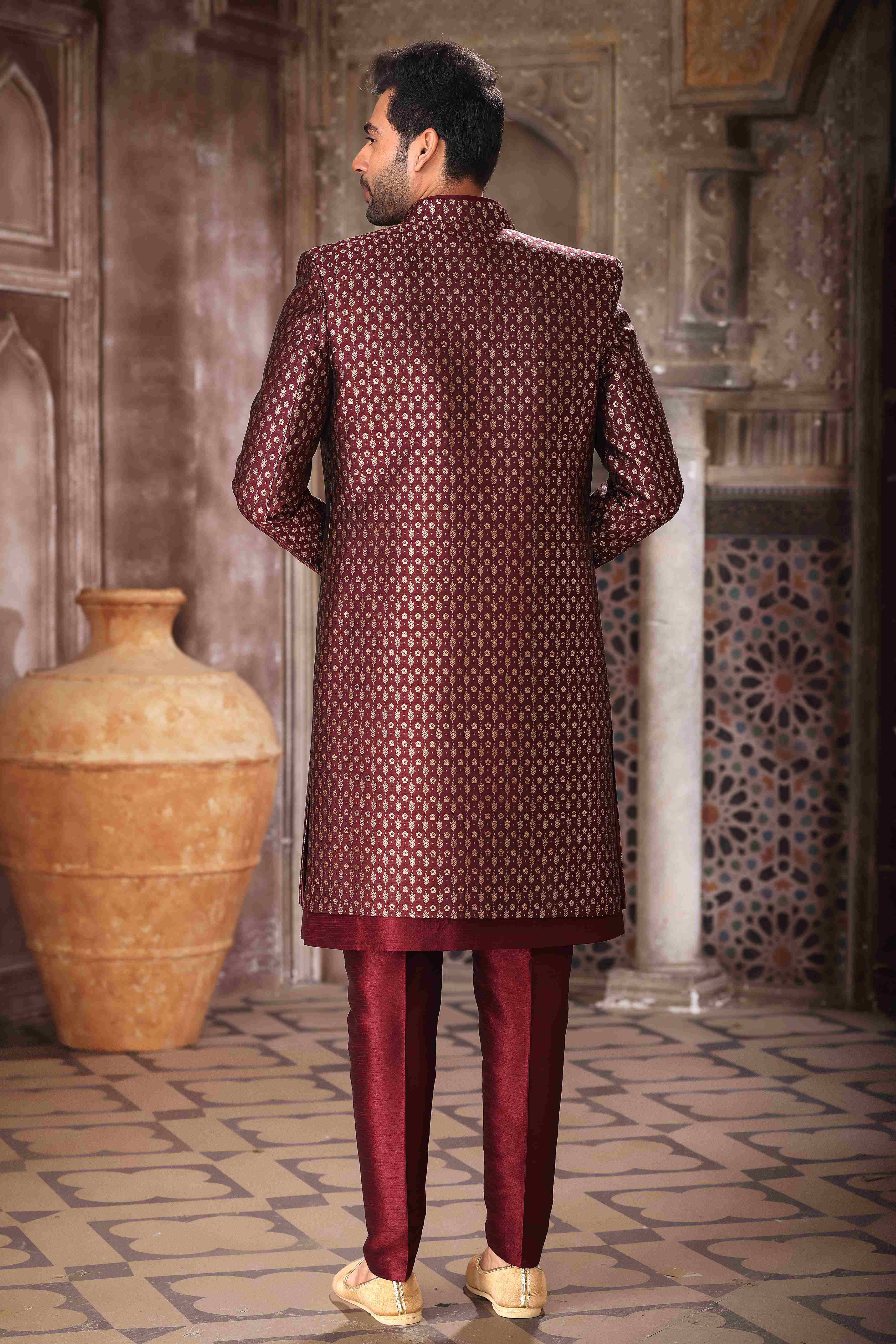 Raivat Ethnic Banarasi Jacquard and Art Silk Embroidery Work 3 Pcs Indo Jacket Set In Wine Colour | Grocsy