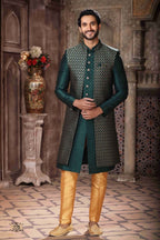 Raivat Ethnic Banarasi Jacquard and Art Silk Embroidery Work 3 Pcs Indo Jacket Set In Green Colour | Grocsy