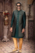 Raivat Ethnic Banarasi Jacquard and Art Silk Embroidery Work 3 Pcs Indo Jacket Set In Green Colour | Grocsy