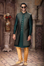Raivat Ethnic Banarasi Jacquard and Art Silk Embroidery Work 3 Pcs Indo Jacket Set In Green Colour | Grocsy