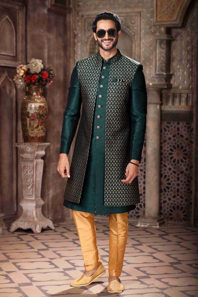 Raivat Ethnic Banarasi Jacquard and Art Silk Embroidery Work 3 Pcs Indo Jacket Set In Green Colour | Grocsy