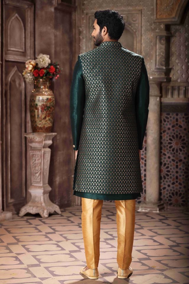 Raivat Ethnic Banarasi Jacquard and Art Silk Embroidery Work 3 Pcs Indo Jacket Set In Green Colour | Grocsy