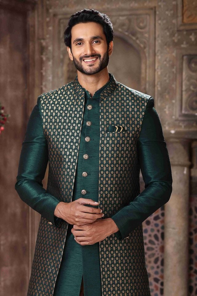 Raivat Ethnic Banarasi Jacquard and Art Silk Embroidery Work 3 Pcs Indo Jacket Set In Green Colour | Grocsy