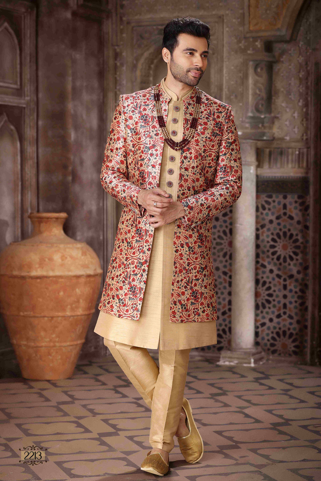 Raivat Ethnic Art Silk Embroidery Work 3 Pcs Indo Jacket Set In Maroon and Beige Colour | Grocsy