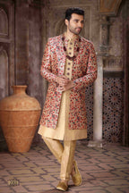 Raivat Ethnic Art Silk Embroidery Work 3 Pcs Indo Jacket Set In Maroon and Beige Colour | Grocsy