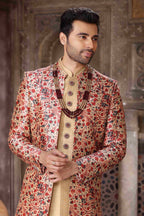 Raivat Ethnic Art Silk Embroidery Work 3 Pcs Indo Jacket Set In Maroon and Beige Colour | Grocsy