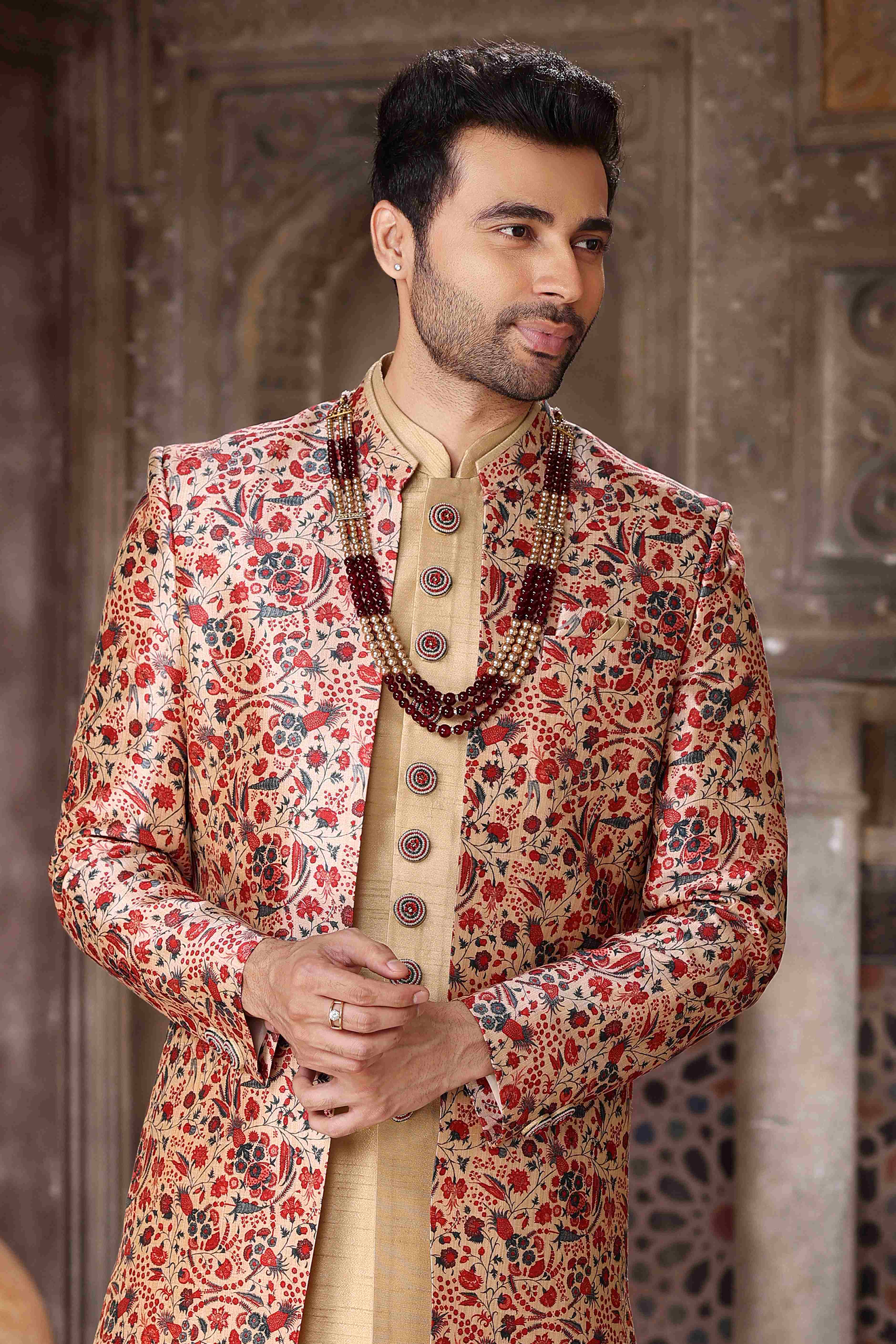 Raivat Ethnic Art Silk Embroidery Work 3 Pcs Indo Jacket Set In Maroon and Beige Colour | Grocsy