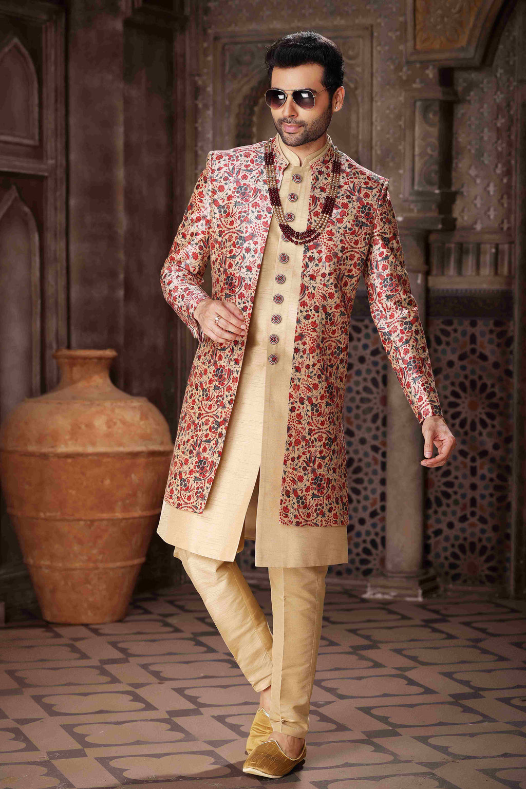 Raivat Ethnic Art Silk Embroidery Work 3 Pcs Indo Jacket Set In Maroon and Beige Colour | Grocsy