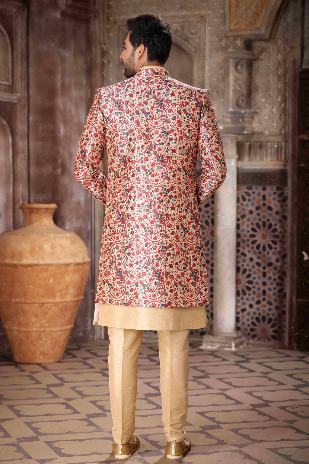 Raivat Ethnic Art Silk Embroidery Work 3 Pcs Indo Jacket Set In Maroon and Beige Colour | Grocsy