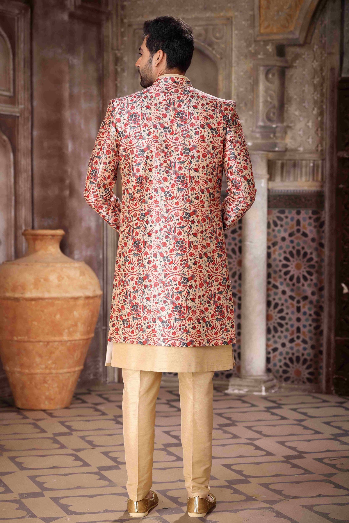 Raivat Ethnic Art Silk Embroidery Work 3 Pcs Indo Jacket Set In Maroon and Beige Colour | Grocsy