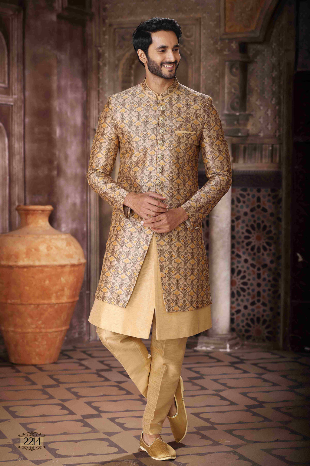 Raivat Ethnic Art Silk Embroidery Work 3 Pcs Indo Jacket Set In Yellow and Beige Colour | Grocsy