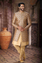 Raivat Ethnic Art Silk Embroidery Work 3 Pcs Indo Jacket Set In Yellow and Beige Colour | Grocsy
