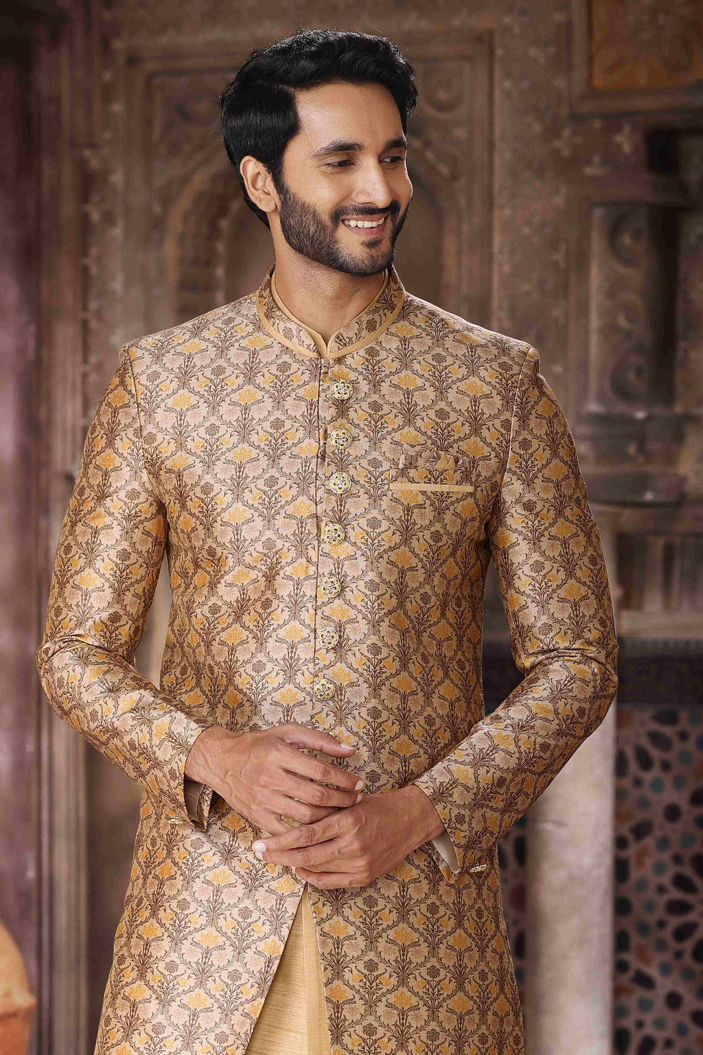 Raivat Ethnic Art Silk Embroidery Work 3 Pcs Indo Jacket Set In Yellow and Beige Colour | Grocsy