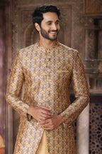 Raivat Ethnic Art Silk Embroidery Work 3 Pcs Indo Jacket Set In Yellow and Beige Colour | Grocsy