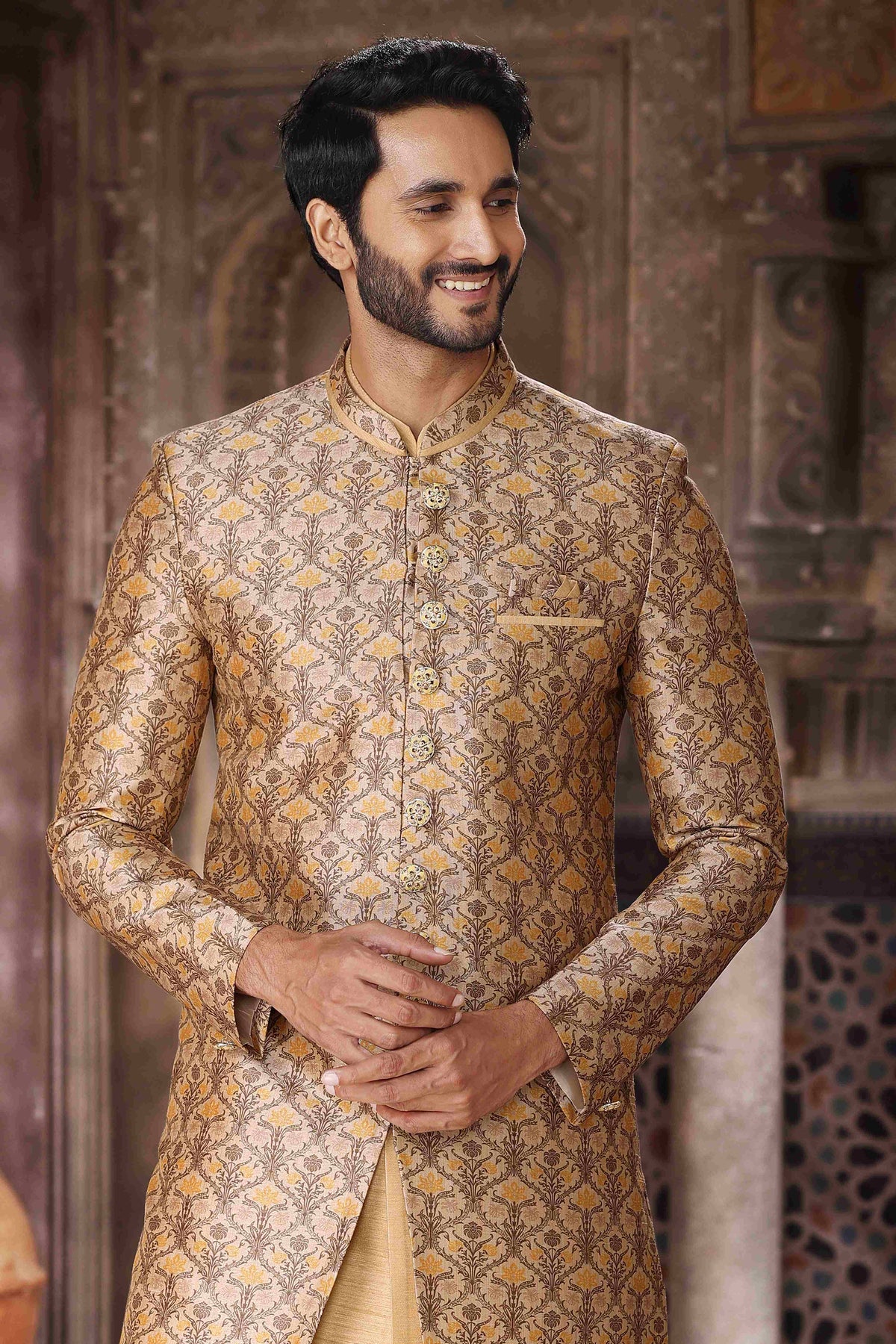 Raivat Ethnic Art Silk Embroidery Work 3 Pcs Indo Jacket Set In Yellow and Beige Colour | Grocsy