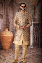 Raivat Ethnic Art Silk Embroidery Work 3 Pcs Indo Jacket Set In Yellow and Beige Colour | Grocsy
