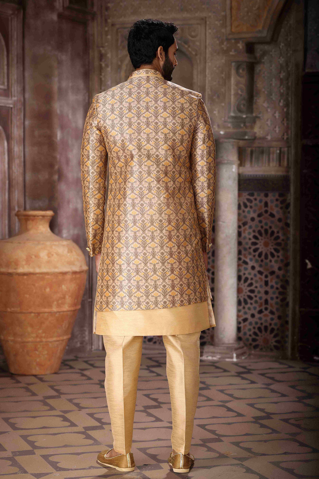 Raivat Ethnic Art Silk Embroidery Work 3 Pcs Indo Jacket Set In Yellow and Beige Colour | Grocsy