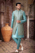 Raivat Ethnic Art Silk Embroidery Work 3 Pcs Indo Jacket Set In Sky Blue Colour | Grocsy