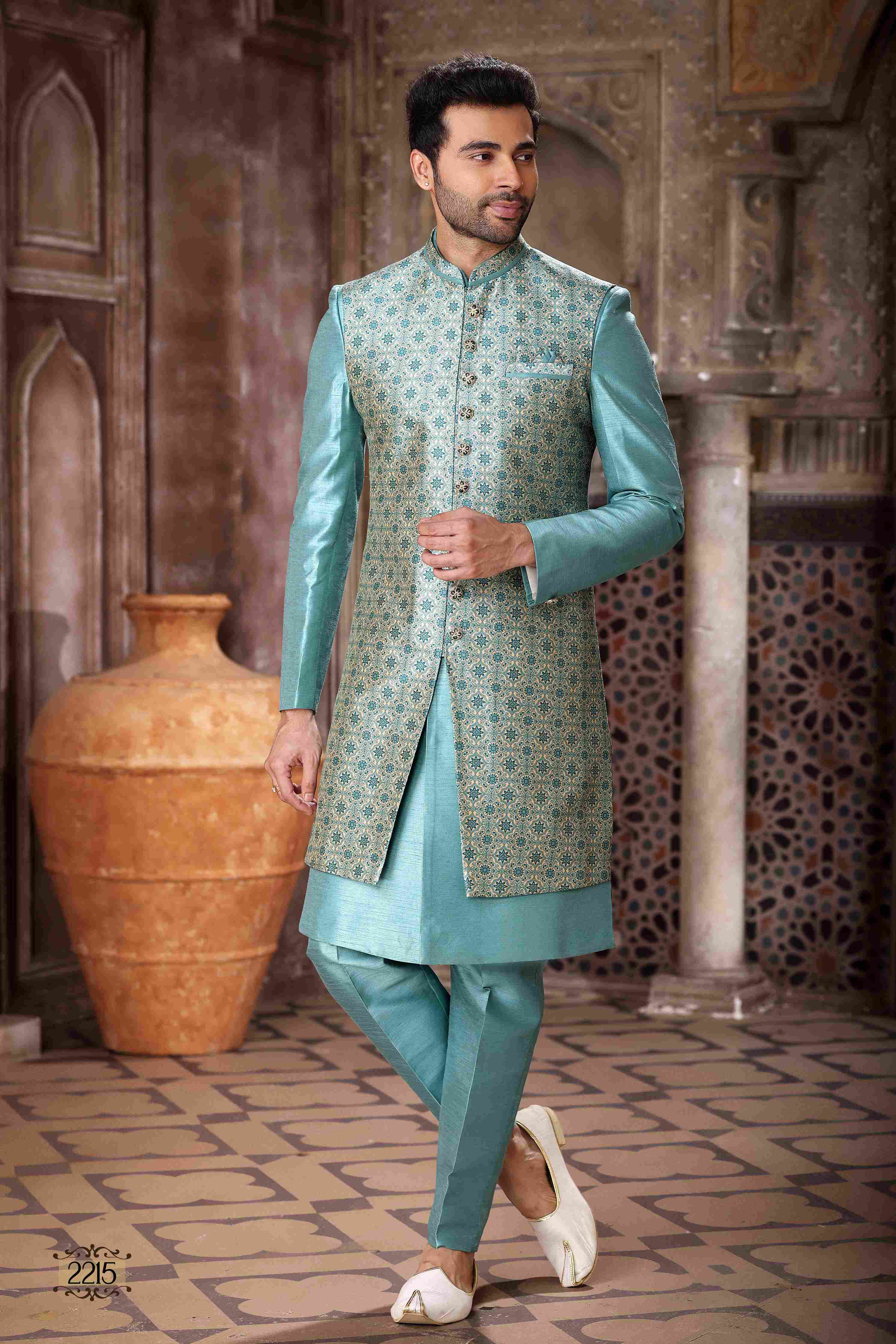 Raivat Ethnic Art Silk Embroidery Work 3 Pcs Indo Jacket Set In Sky Blue Colour | Grocsy