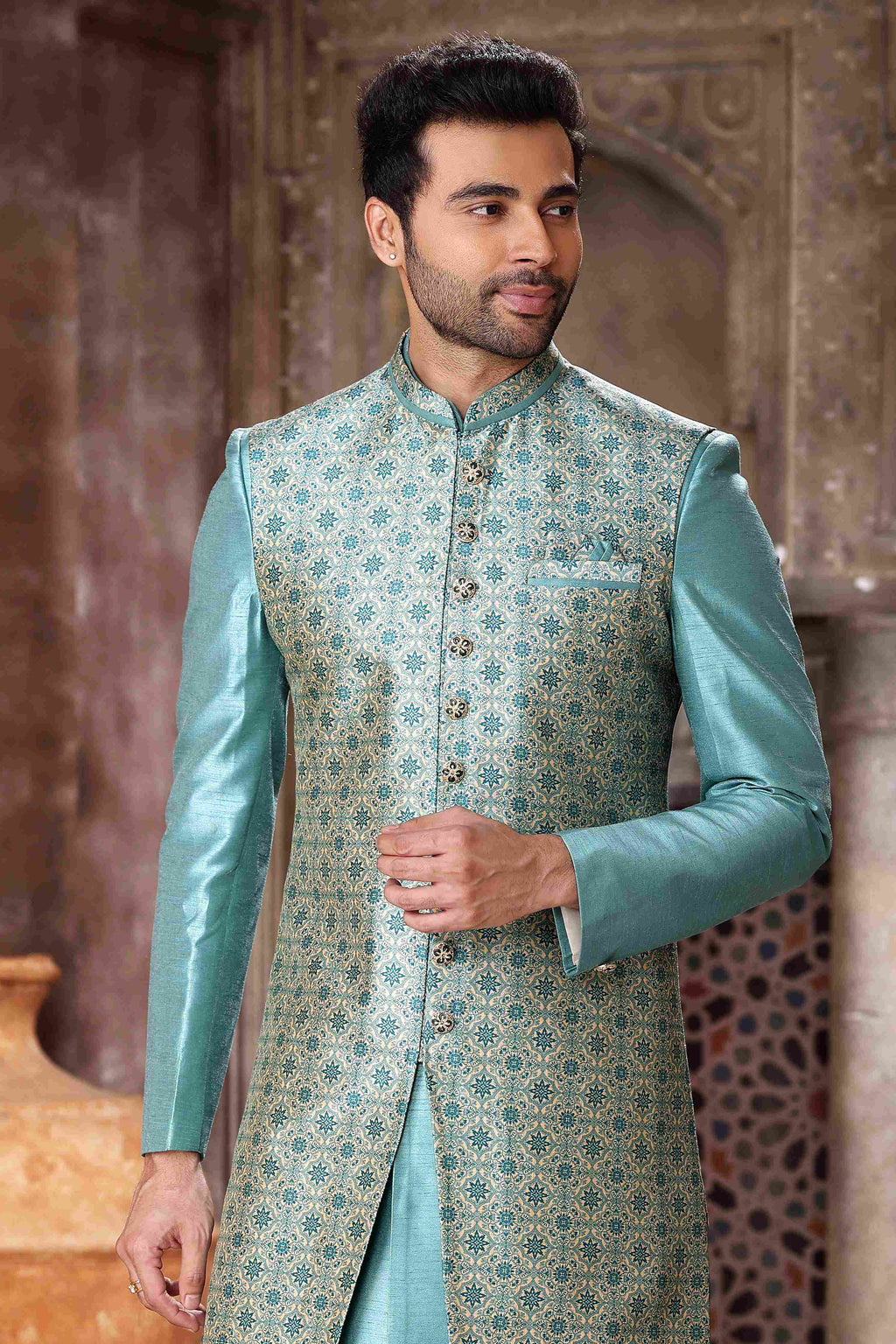 Raivat Ethnic Art Silk Embroidery Work 3 Pcs Indo Jacket Set In Sky Blue Colour | Grocsy