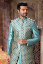 Raivat Ethnic Art Silk Embroidery Work 3 Pcs Indo Jacket Set In Sky Blue Colour | Grocsy