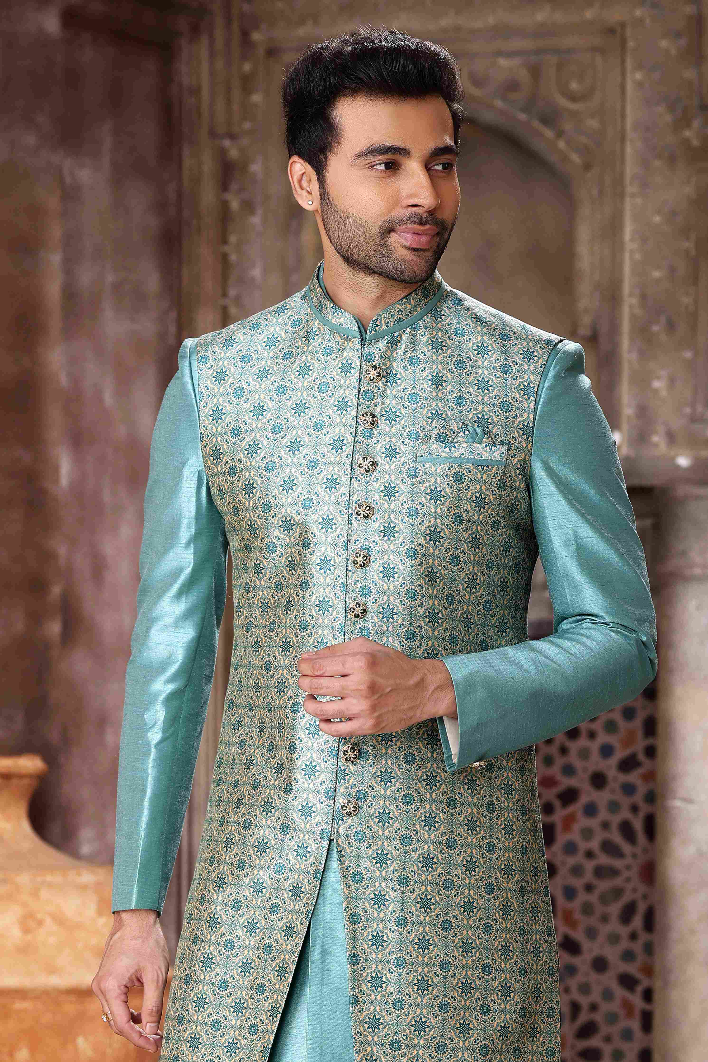 Raivat Ethnic Art Silk Embroidery Work 3 Pcs Indo Jacket Set In Sky Blue Colour | Grocsy