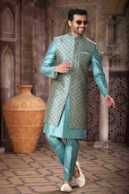 Raivat Ethnic Art Silk Embroidery Work 3 Pcs Indo Jacket Set In Sky Blue Colour | Grocsy