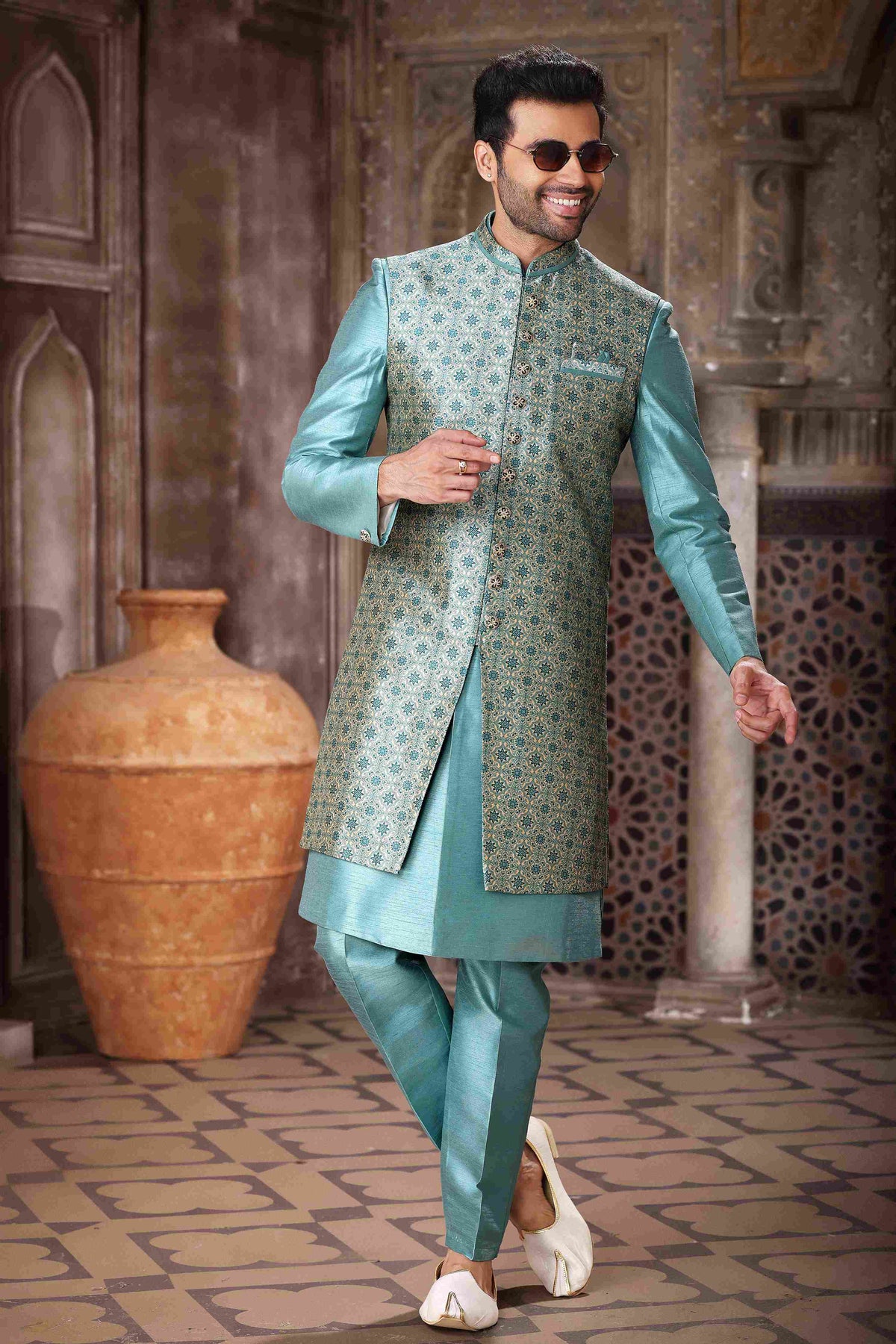 Raivat Ethnic Art Silk Embroidery Work 3 Pcs Indo Jacket Set In Sky Blue Colour | Grocsy