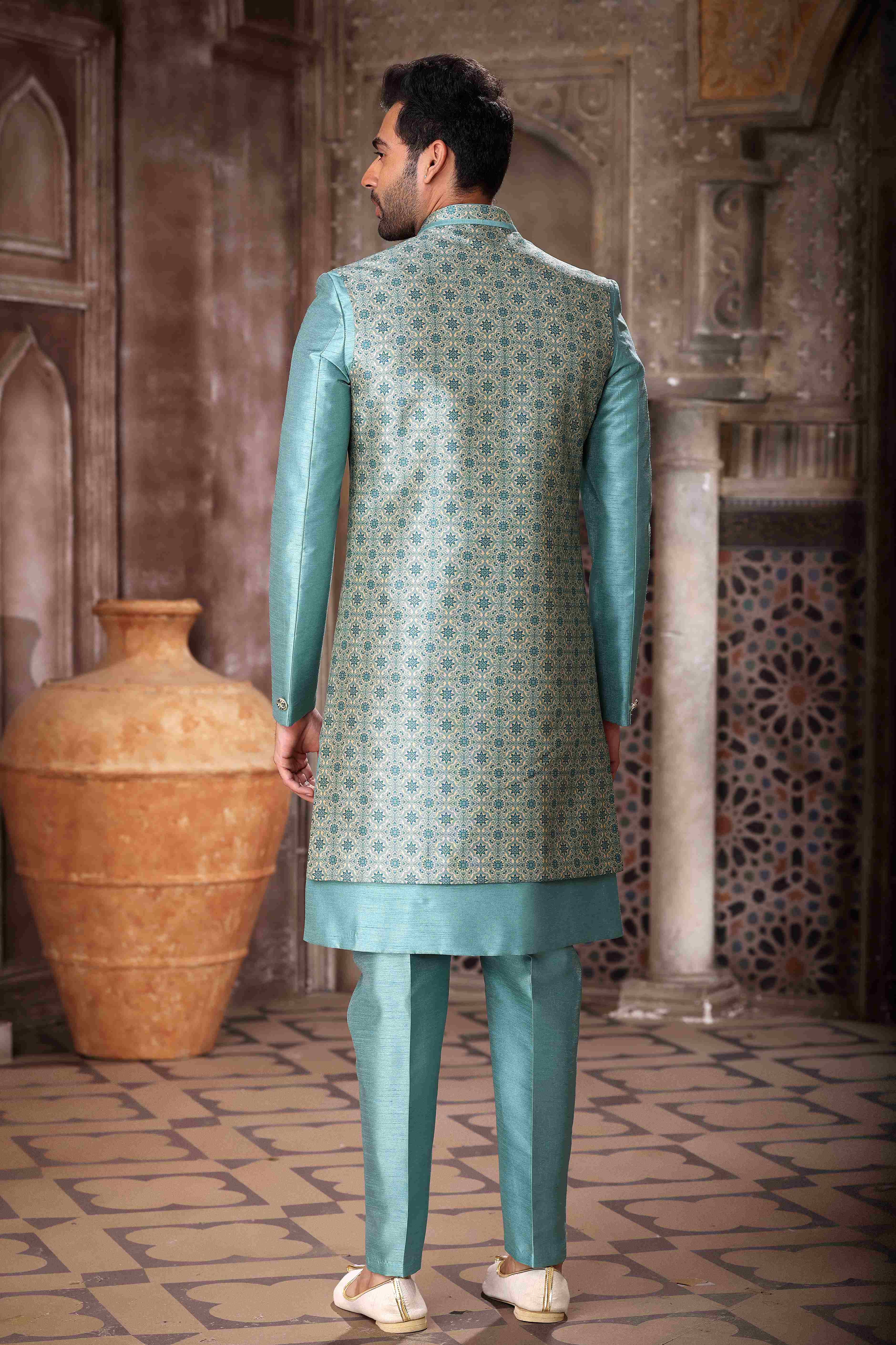 Raivat Ethnic Art Silk Embroidery Work 3 Pcs Indo Jacket Set In Sky Blue Colour | Grocsy
