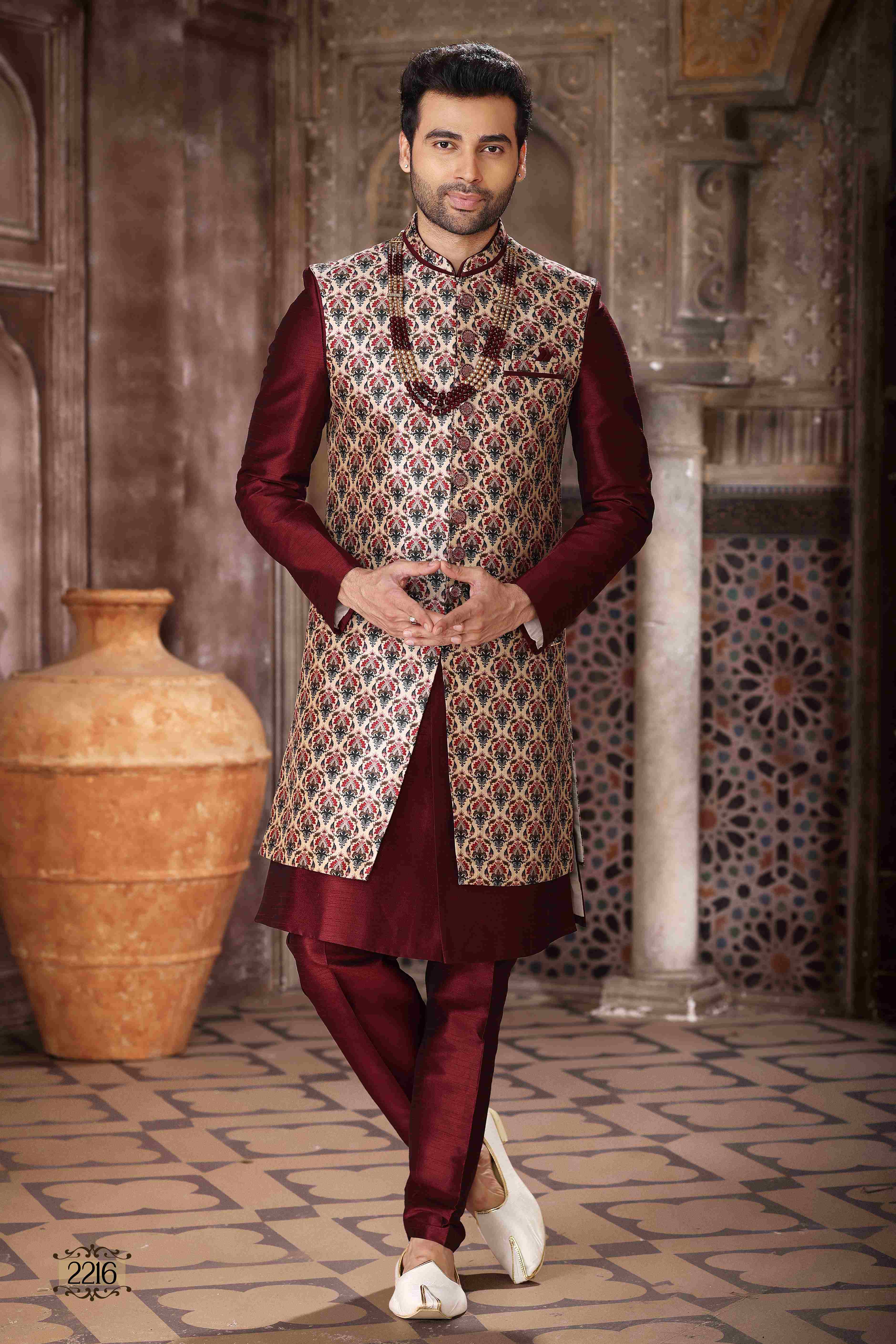 Raivat Ethnic Art Silk Embroidery Work 3 Pcs Indo Jacket Set In Maroon and Wine Colour | Grocsy