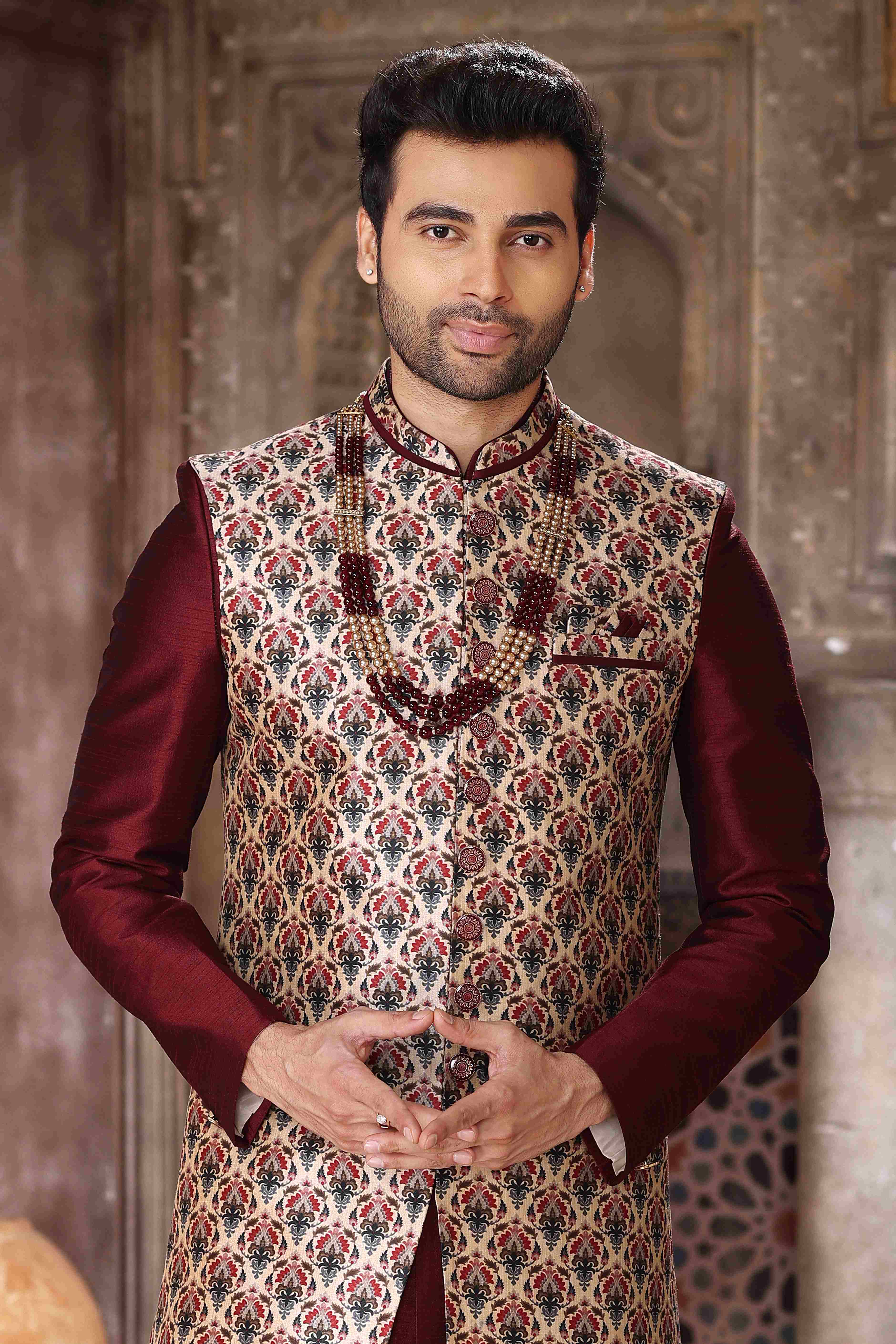Raivat Ethnic Art Silk Embroidery Work 3 Pcs Indo Jacket Set In Maroon and Wine Colour | Grocsy