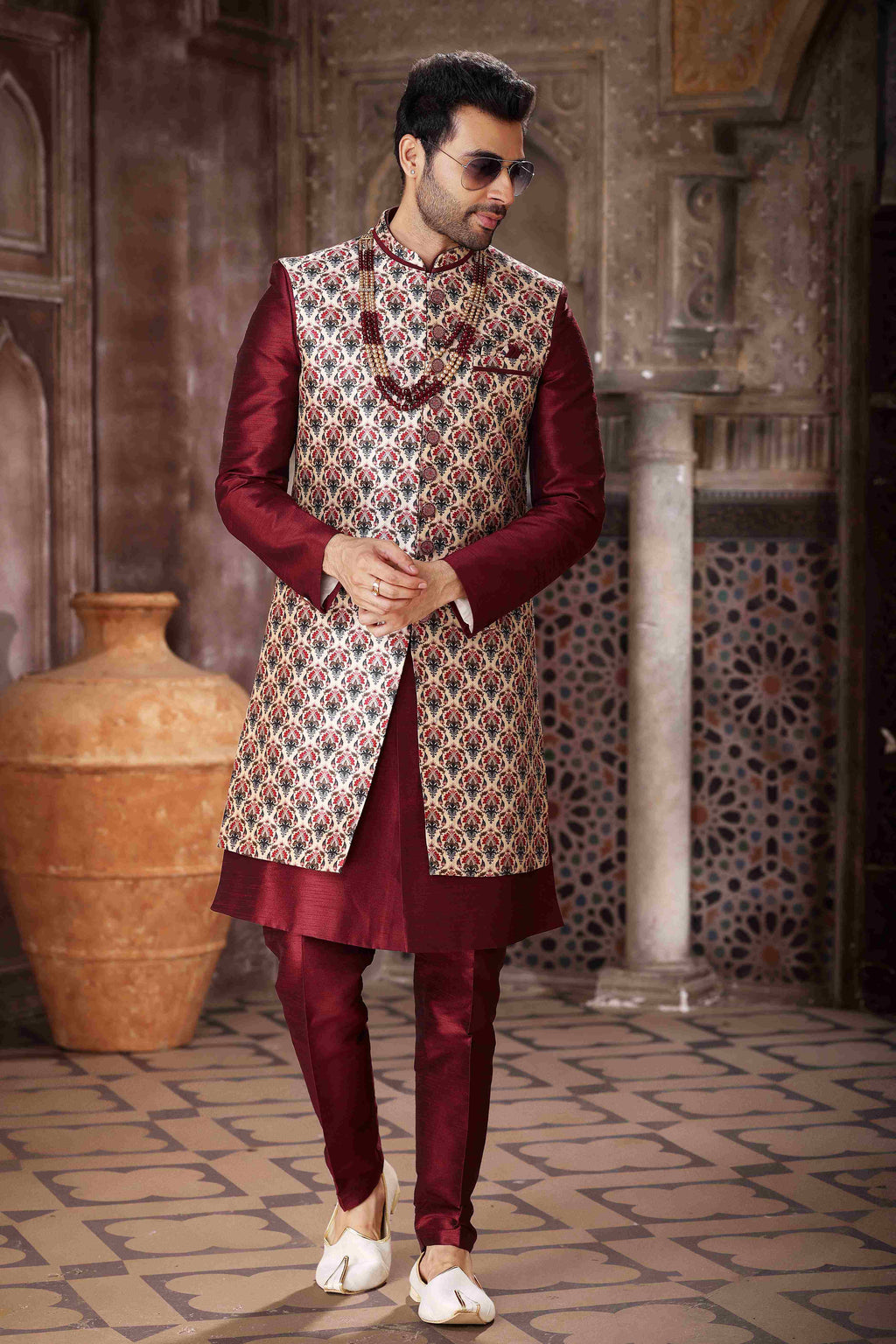 Raivat Ethnic Art Silk Embroidery Work 3 Pcs Indo Jacket Set In Maroon and Wine Colour | Grocsy