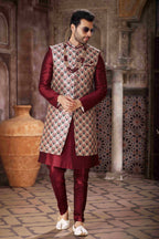 Raivat Ethnic Art Silk Embroidery Work 3 Pcs Indo Jacket Set In Maroon and Wine Colour | Grocsy