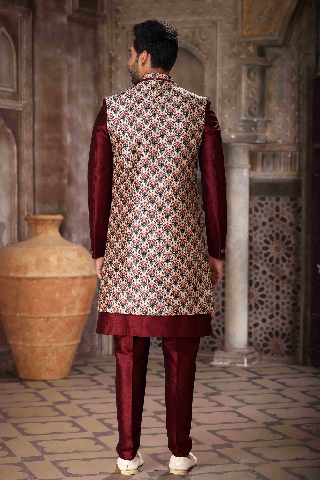 Raivat Ethnic Art Silk Embroidery Work 3 Pcs Indo Jacket Set In Maroon and Wine Colour | Grocsy