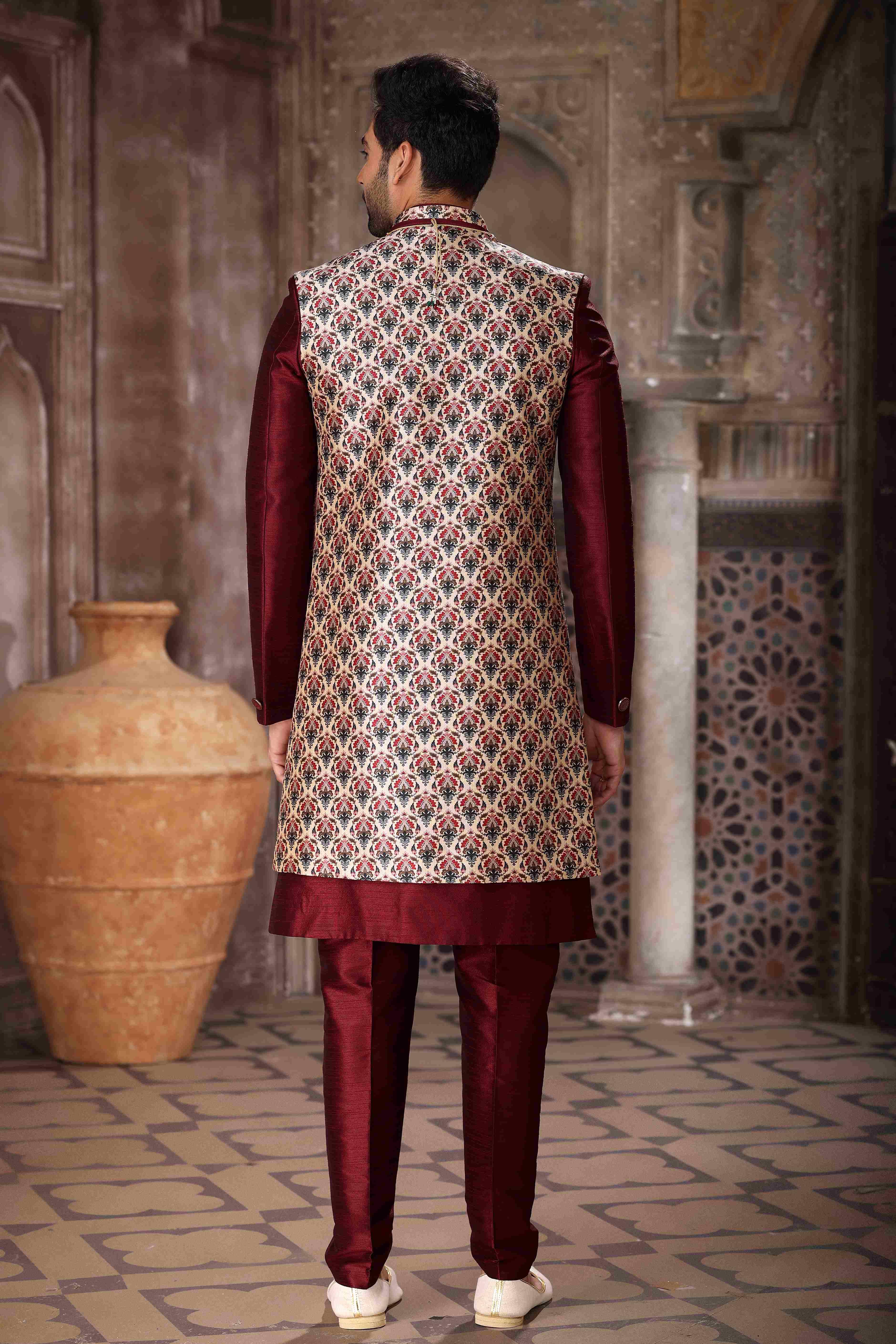 Raivat Ethnic Art Silk Embroidery Work 3 Pcs Indo Jacket Set In Maroon and Wine Colour | Grocsy