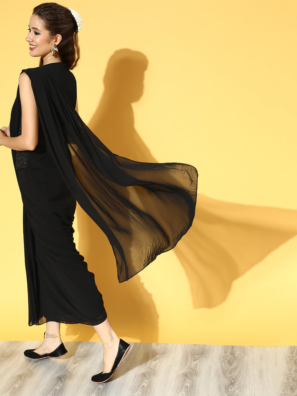 Juniper Women Black Georgette Embellished Saree Style Dress | Grocsy