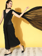 Juniper Women Black Georgette Embellished Saree Style Dress | Grocsy