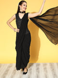 Juniper Women Black Georgette Embellished Saree Style Dress | Grocsy